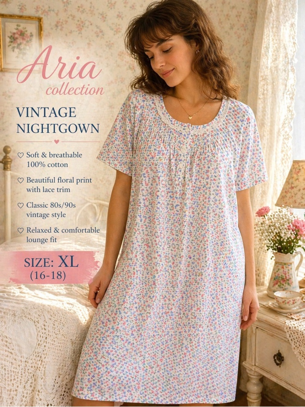 Aria White Floral Nightgown XL Pockets